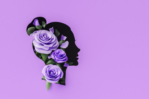 female silhouette cutout background with roses coming out of it and space for text. happy mother's day. 3d rendering