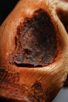 Textured curved Wooden snag of brown color with texture on a black background. Decorative wooden element, close-up, minimalism.