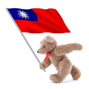 A Taiwan flag being carried by a cute teddy bear