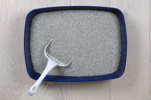 A top view of a blue cat litter tray and scoop