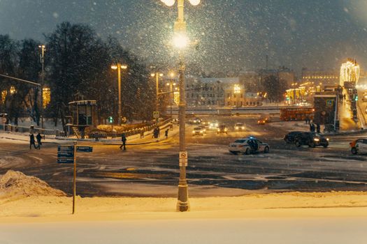 01.22.2022 Moscow, Russia. road traffic and a traffic police post during a winter snowstorm in the center of Moscow near the Kremlin