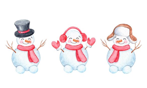 Watercolor snowman in red scarf set isolated on white background.