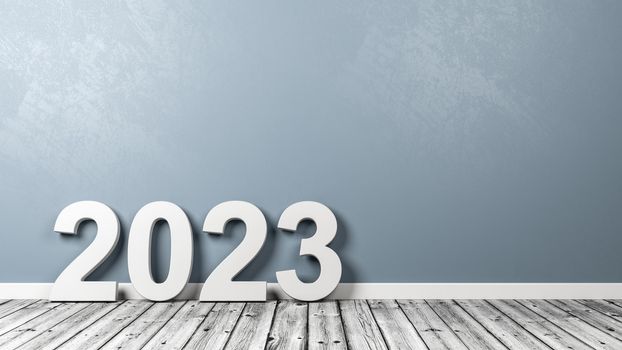 White 2023 Number Text Shape on Wooden Floor Against Grey Wall with Copyspace 3D Illustration