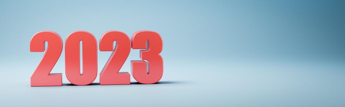 Red 2023 Year Number 3D Text on Blue Background with Copy Space 3D Illustration