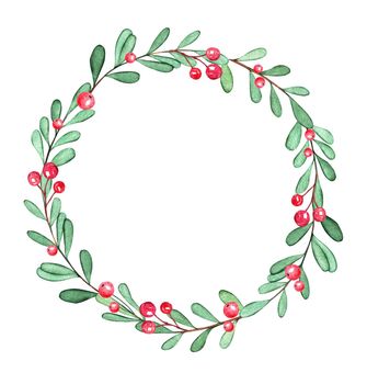 Watercolor mistletoe wreath with red berries isolated on white background