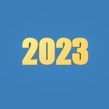 Yellow 2023 Year Number Text Isolated on Flat Blue Background with Shadow 3D Illustration