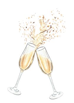 Watercolor champagne glasses splashing isolated on white background. Sparkling white wine glasses hand drawn illustration. cheers