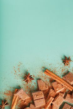 Dark chocolate slices with cinnamon and spices on a pastel green background. Free space, top view
