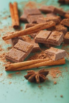 Chocolate broken into slices with cocoa powder and spices on a green background. Close-up