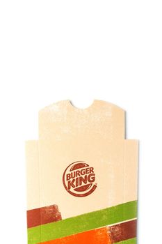 Russia, Moscow - May 17, 2021: Paper packaging with Burger King logo on a white background. Burger King is a global fast food hamburger chain with headquarters worldwide.
