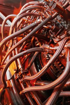 Element of a high-tech Gas turbine with a reactive fuel supply system. Heavy industry and industry. Selective focus