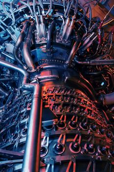 Gas turbine engine, located with internal structural elements, hoses, cylinders and housings. Heavy industry and industry.
