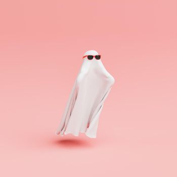 ghost with red sunglasses, white blanket and outstretched arms on minimalistic pastel background. halloween and witches night concept. 3d rendering