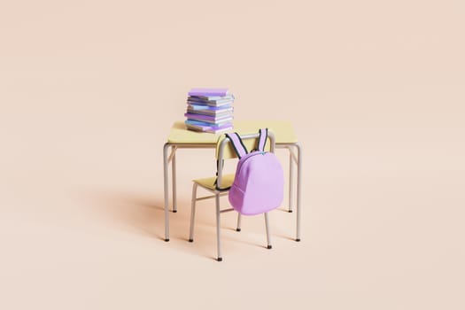 school desk full of books with pink backpack hanging on the chair on pastel beige background. minimalistic scene. concept of education and back to school. 3d rendering