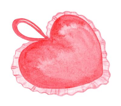 Watercolor red pin cushion isolated on white background. Heart pillow for needles hand drawn illustration. Sewing accessory