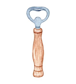Watercolor bottle opener isolated on white background. Hand drawn tool for opening drinks cap illustration