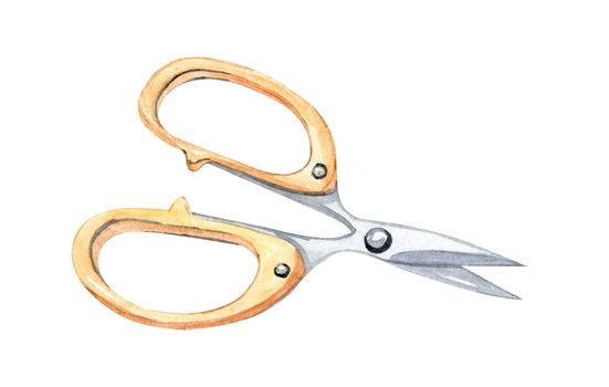 Watercolor yellow scissors isolated on white background. Hand drawn sewing tool illustration
