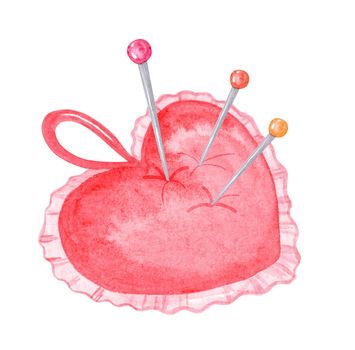 Watercolor red heart pin cushion isolated on white background. Pillow with needles hand drawn illustration. Sewing accessory