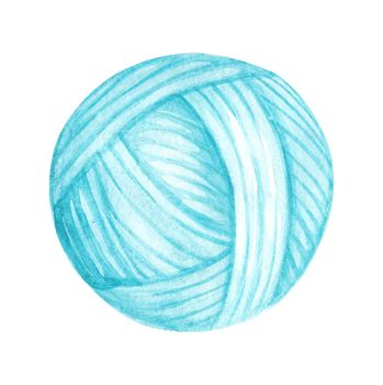 Watercolor blue ball of yarn for knitting isolated on white background.