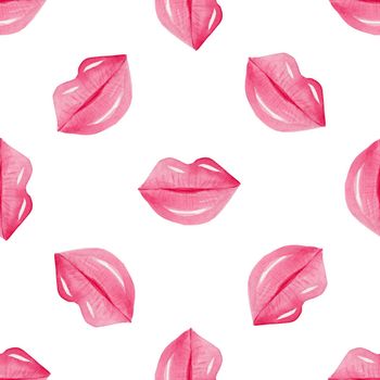 Watercolor kisses seamless pattern on white background. Pink lips print for valentines day wrapping, cards, fabric