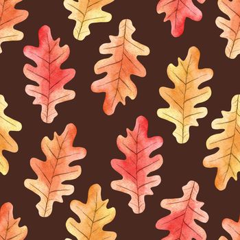 Watercolor oak leaves seamless pattern on brown background. Autumn print for textile, fabric, wallpaper, wrapping