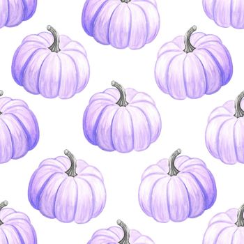 Watercolor purple pumpkins seamless pattern on white background. Print for fabric, wrapping, wallpaper