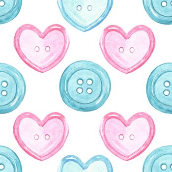 Watercolor sew buttons seamless pattern on white background. Pink and blue buttons hand drawn illustration print for fabric, wrapping, scrapbooking, wallpaper