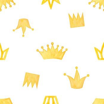 Watercolor crowns seamless pattern on white background. Yellow diadem print for fabric, wrapping, wallpaper