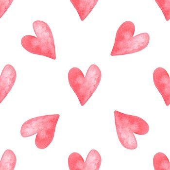 watercolor red hearts seamless pattern on white background