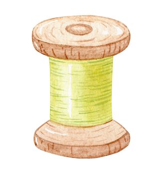 Watercolor spool with green thread isolated on white background. Hand drawn sewing tool illustration