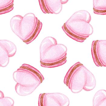 Watercolor pink heart macarons seamless pattern on white background. Valentines day print for menu, wrapping, fabric, wallpaper