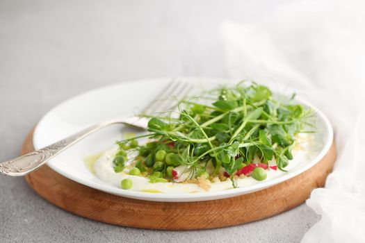 Vegan healthy salad made microgreen sprouts peas, quinoa, radish, mint and yogurt 