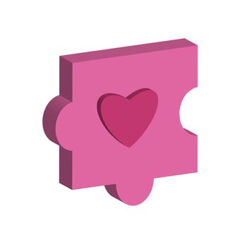 Piece of the puzzle. Pink puzzle with heart isolated on a white background. Love concept. Isometric style
