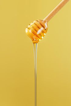 Golden honey trickles from a wooden honey dipper on a yellow background