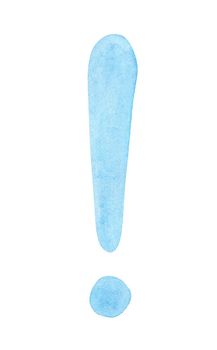 Hand drawn exclamation mark. Blue watercolor attention sign illustration