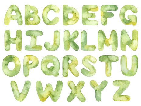 Watercolor english alphabet set isolated on white background. Hand drawn green letters illustration