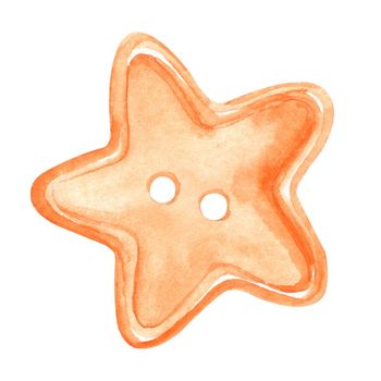 watercolor orange star button isolated on white background. Hand drawn sewing accessory