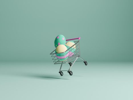 Flying shopping cart with giant easter eggs inside. 3d rendering