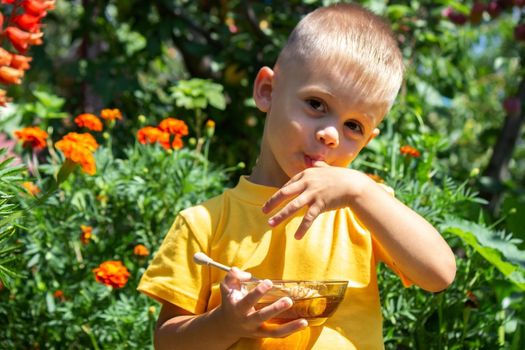 child eats honey in the garden. Nature. selective focus