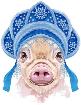 Cute piggy in Russian national headdress kokoshnik. Pig for T-shirt graphics. Watercolor pink mini pig illustration