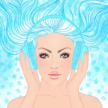 illustration of dreaming beautiful girl listening music in headphones.