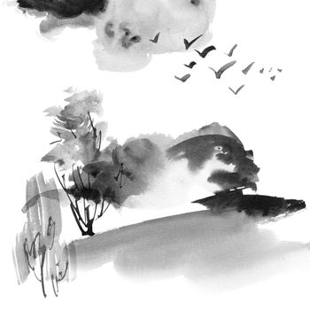 Ink painting of landscape with trees and flock of flying birds in the sky. Oriental traditional painting in style sumi-e.