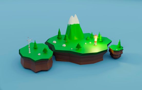 Ecology concept renewable sources clean energy in 3d low poly style. Floating island wind turbine. Mountain and trees. 3d render illustration.