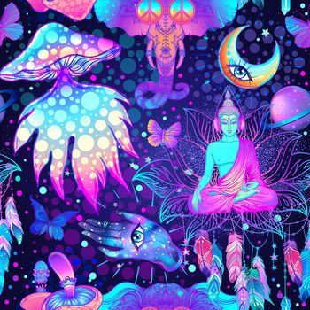 Psychedelic seamless pattern: trippy mushrooms, peace sign, acid Buddha, butterflies, all-seeing eye, mandala. Background with stoned trippy drug elements in cartoon comic style.