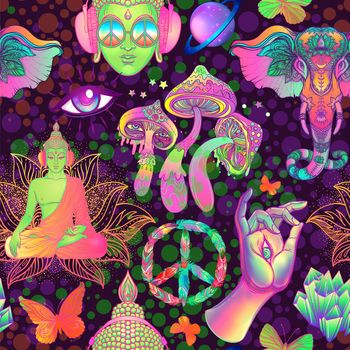 Psychedelic seamless pattern: trippy mushrooms, peace sign, acid Buddha, butterflies, all-seeing eye, mandala. Background with stoned trippy drug elements in cartoon comic style.