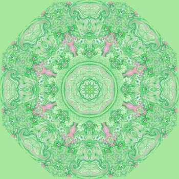 Detailed floral silk scarf design. Round shaped ornate pattern. Roses and other flower. Print for fabric, trendy t-shirt, rug or yoga mat.