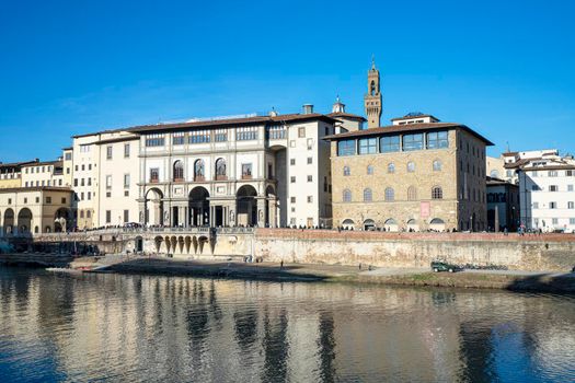 Florence, Italy. January 2022.  panoramic view of the Uffizi palace in the Lungarno and in the city center