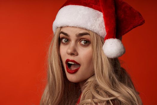 cheerful woman new year santa hat holiday model. High quality photo