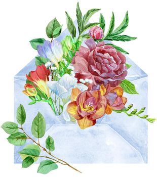 Watercolor hand-drawn illustration of an envelope with flowers on a white background isolated