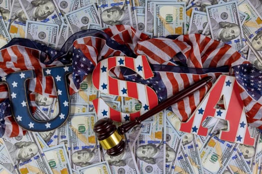 American economic sanctions with US dollars banknotes Judge gavel USA flag of US financial regulation